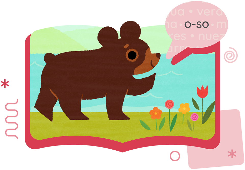Illustration of a brown bear cub standing on grass near flowers and water, with a speech bubble that says "o-so," designed to support foundational skills in science of reading instruction.