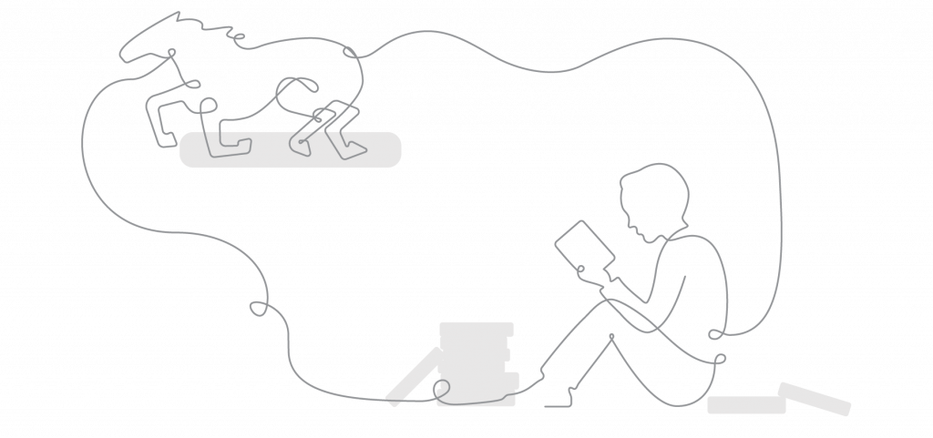 Illustration of a person sitting and reading a book, with abstract thought bubbles containing images of a horse and chess pieces, designed to amplify ELA research on early literacy.