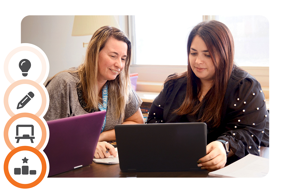 Two women sit at a table working on laptops, collaborating and reviewing documents, with icons on the left representing ideas, writing, computers, and achievement.