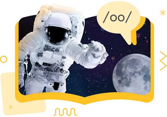An astronaut floats in space near the Moon, with a speech bubble displaying 