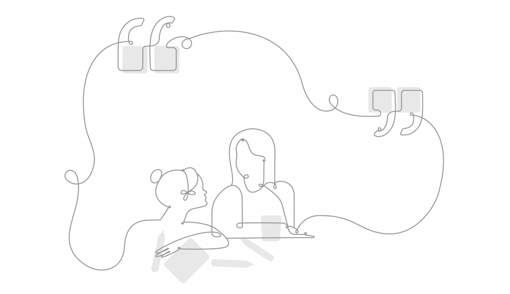 Two people sitting at a desk with one using a laptop and another looking on, surrounded by abstract line art and floating quotation marks, demonstrating the gold standard assessment process.