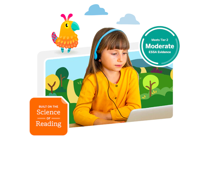 A teacher shows flashcards with phonetic symbols to three young students in a classroom, emphasizing the practical application of mclass early literacy.